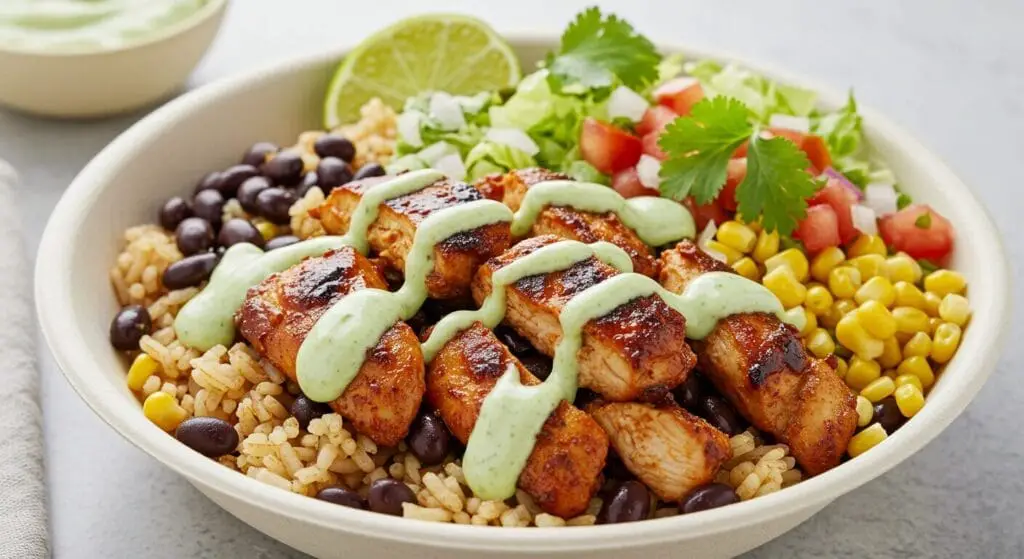 Chipotle Chicken Bowl Recipe with juicy chicken, black beans, corn, rice, and creamy cilantro-lime sauce