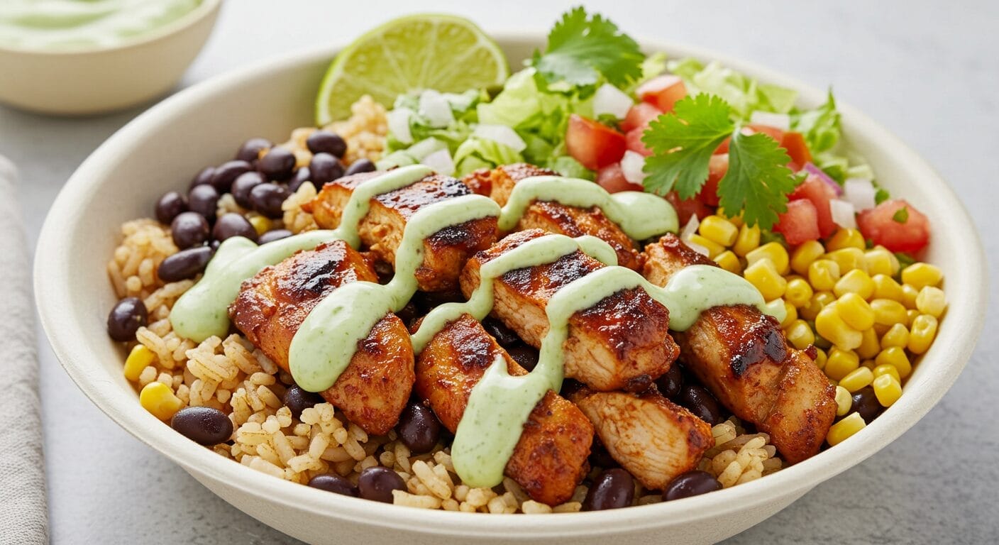 Chipotle Chicken Bowl Recipe with juicy chicken, black beans, corn, rice, and creamy cilantro-lime sauce