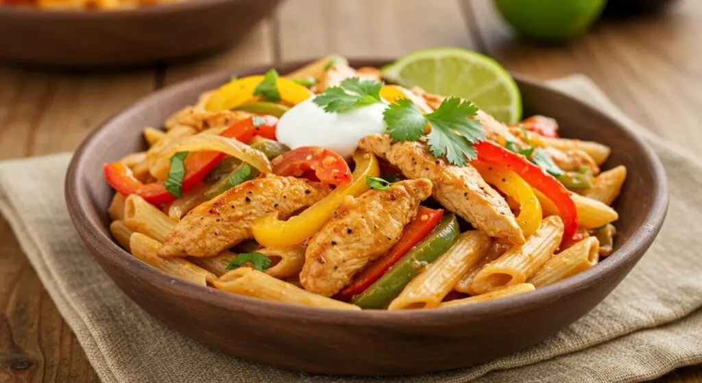 Chicken Fajita Pasta Recipe with Chicken, Peppers, Onions, and Creamy Chili-Lime Sauce