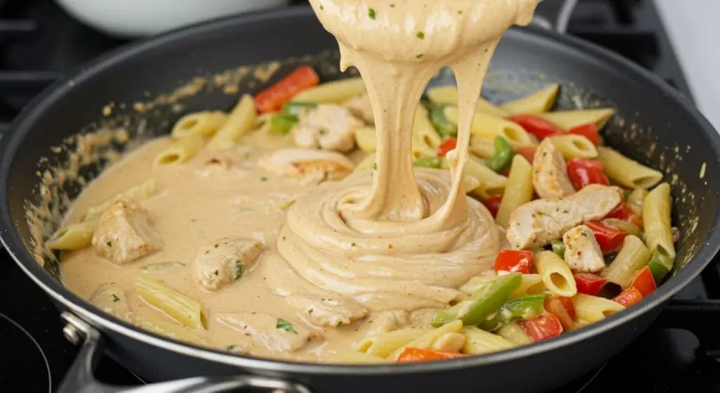 Chicken Fajita Pasta Recipe with Chicken, Peppers, Onions, and Creamy Chili-Lime Sauce