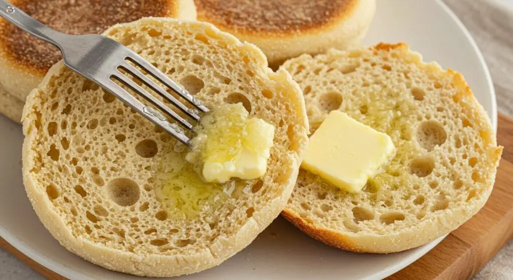 Hero shot of perfectly toasted Homemade English Muffin recipe, split open to show abundant nooks and crannies, with butter melting into them.