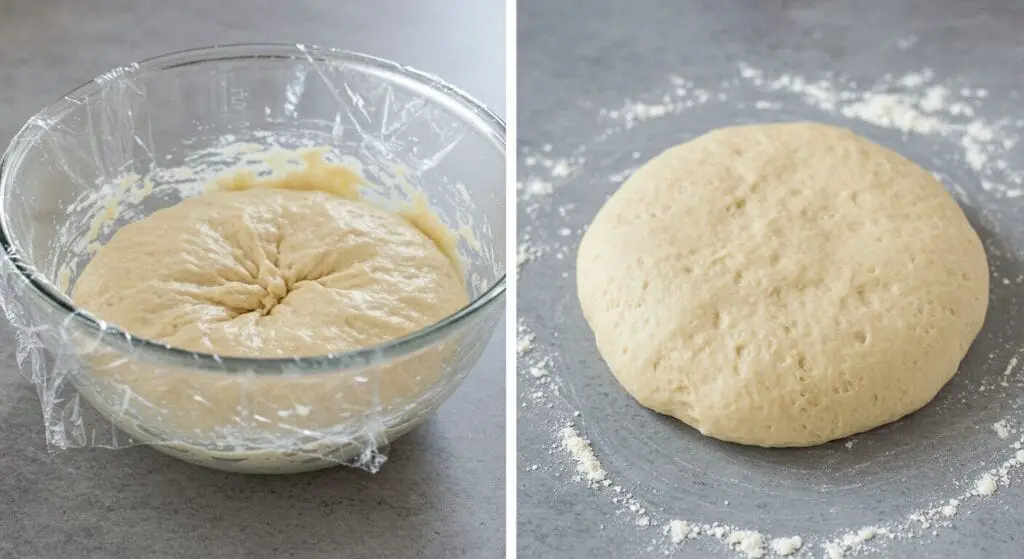 Soft, slightly sticky Homemade English Muffin recipe dough in a mixing bowl or being gently kneaded on a floured surface.