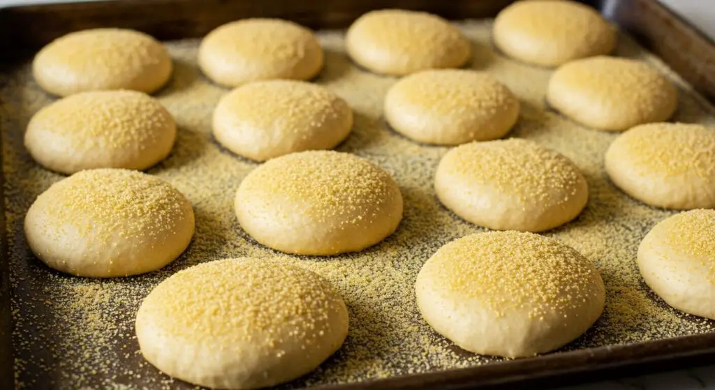 Shaped Homemade English Muffin dough rounds resting on a cornmeal-dusted baking sheet before the second rise.