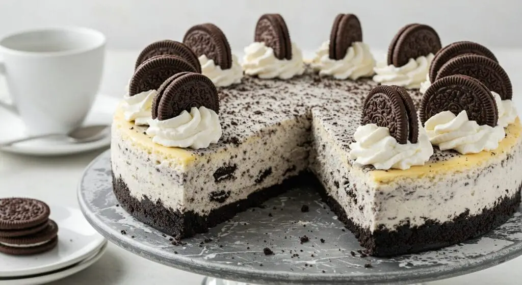 Stunning hero shot of a whole Oreo Cheesecake recipe, perfectly set, with a dark Oreo crust and a creamy white filling studded with Oreo pieces, topped with whipped cream and Oreo cookie halves.