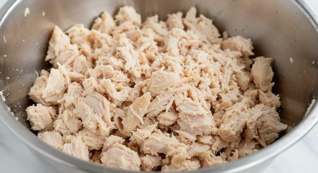 Shredded or diced cooked chicken in a large mixing bowl, ready for chicken salad.