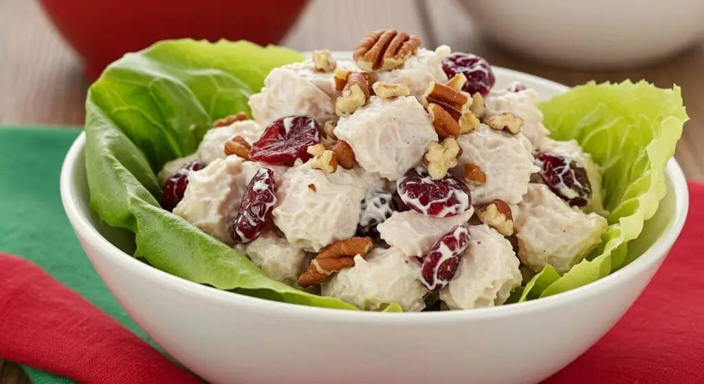 Bowl of Cranberry Pecan Chicken Salad, showing chicken, cranberries, pecans, and creamy dressing.