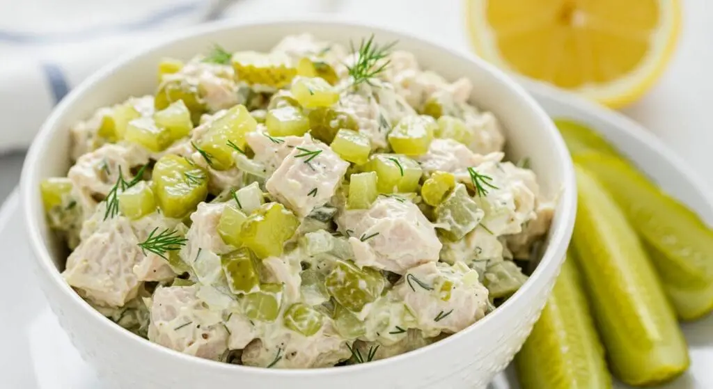 Bowl of Dill Pickle Chicken Salad, with visible pieces of dill pickle and fresh dill mixed into the creamy chicken salad.