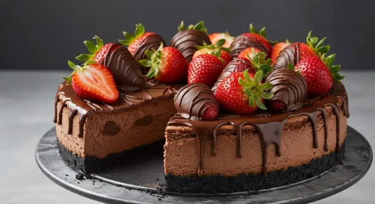 nning hero shot of a whole Chocolate Strawberry Cheesecake, with a dark chocolate crust, rich chocolate or swirled cheesecake filling, topped artfully with fresh strawberries and chocolate-covered strawberries, perhaps a chocolate ganache drizzle.