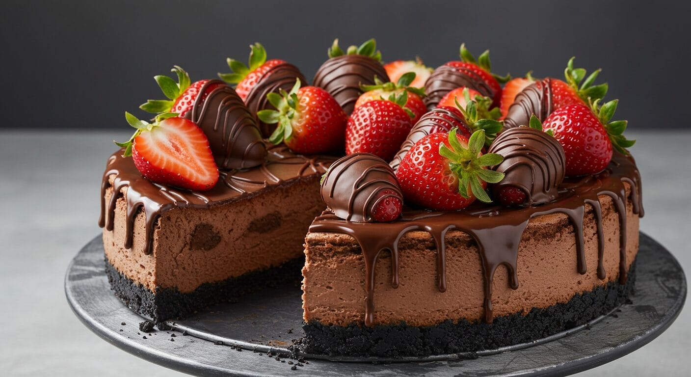 nning hero shot of a whole Chocolate Strawberry Cheesecake, with a dark chocolate crust, rich chocolate or swirled cheesecake filling, topped artfully with fresh strawberries and chocolate-covered strawberries, perhaps a chocolate ganache drizzle.