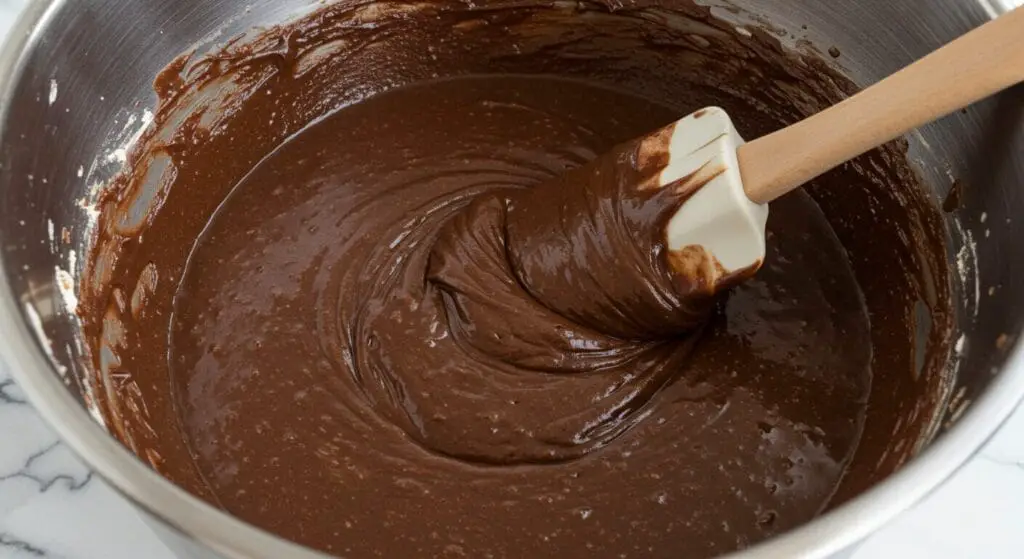 Rich, dark chocolate cheesecake batter being mixed in a bowl, looking smooth and luscious for the Chocolate Strawberry Cheesecake recipe.