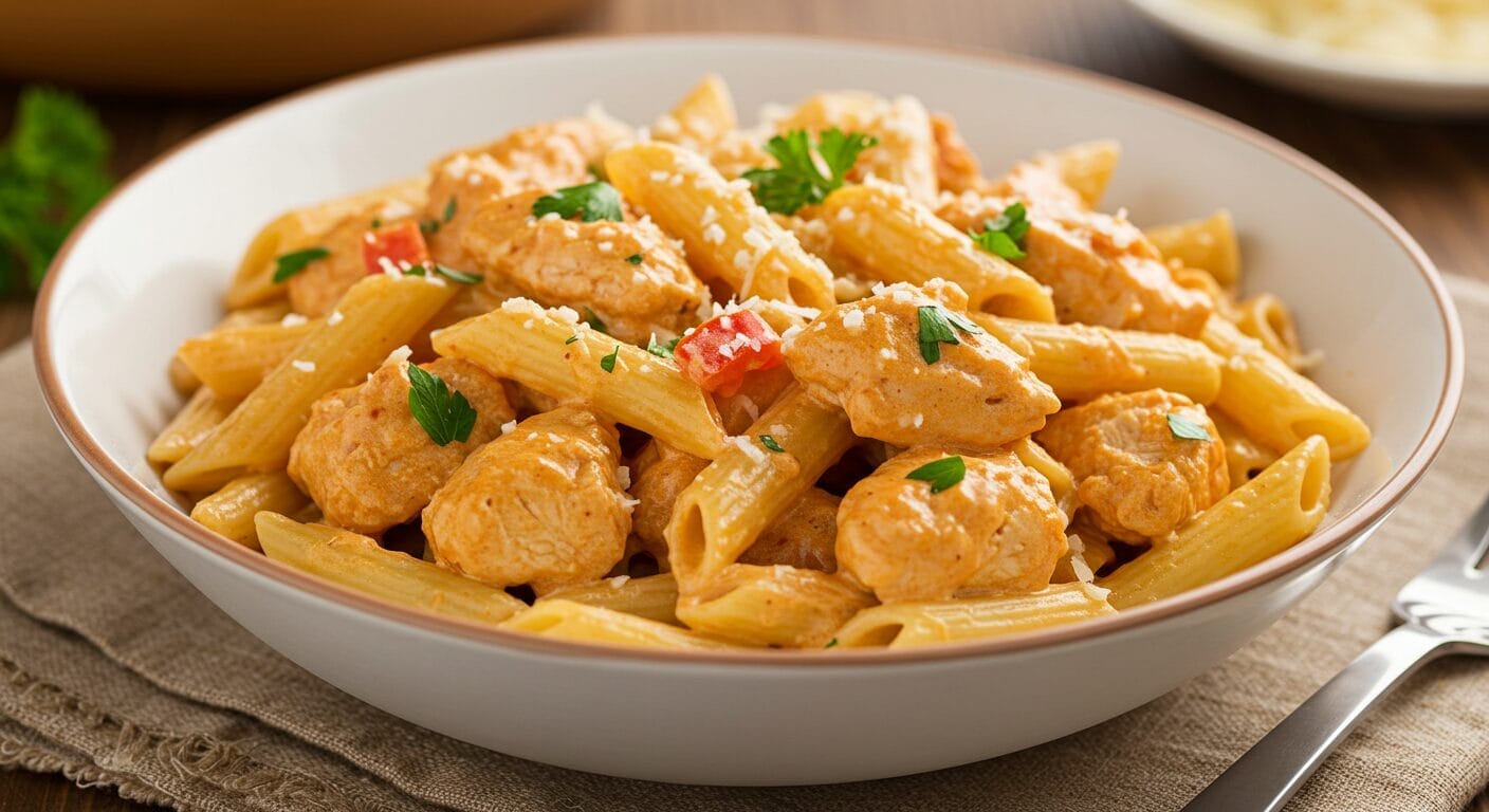 Hero shot of a vibrant bowl of Creamy Cajun Chicken Pasta, with pasta and chicken coated in a rich, orange-tinted cream sauce, garnished with fresh parsley and grated Parmesan cheese.]