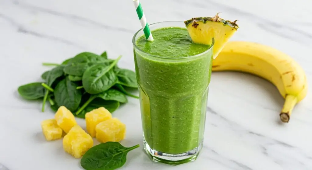Vibrant hero shot of the Best Green Smoothie in a tall glass with a straw, garnished with a pineapple wedge and a spinach leaf. Fresh ingredients like spinach, pineapple, and banana are artfully arranged nearby.