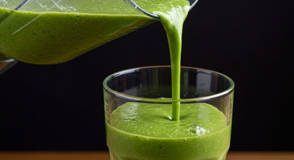 A close-up of the vibrant green smoothie being poured from a blender into a glass, showcasing its smooth texture.
