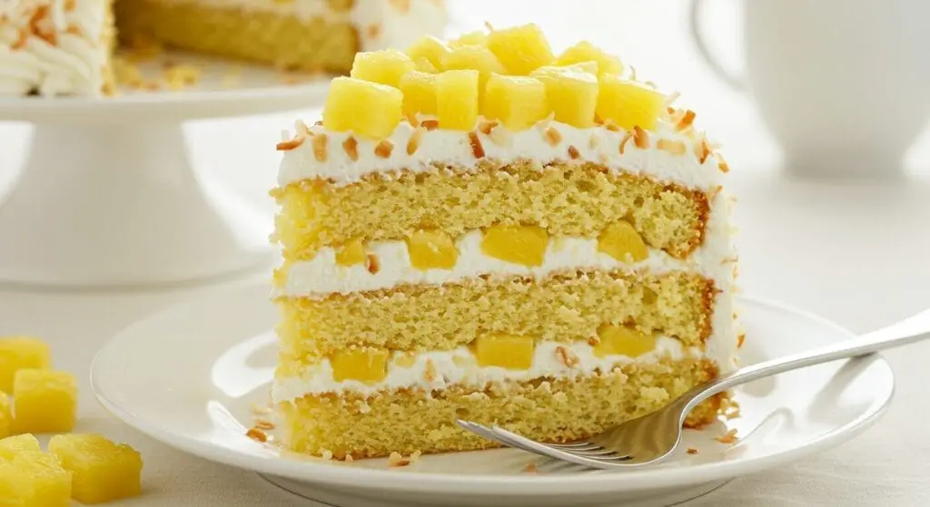 Golden baked pineapple cake layers cooling on a wire rack, ready for frosting, showcasing a moist crumb for the Pineapple Coconut Cake recipe.]