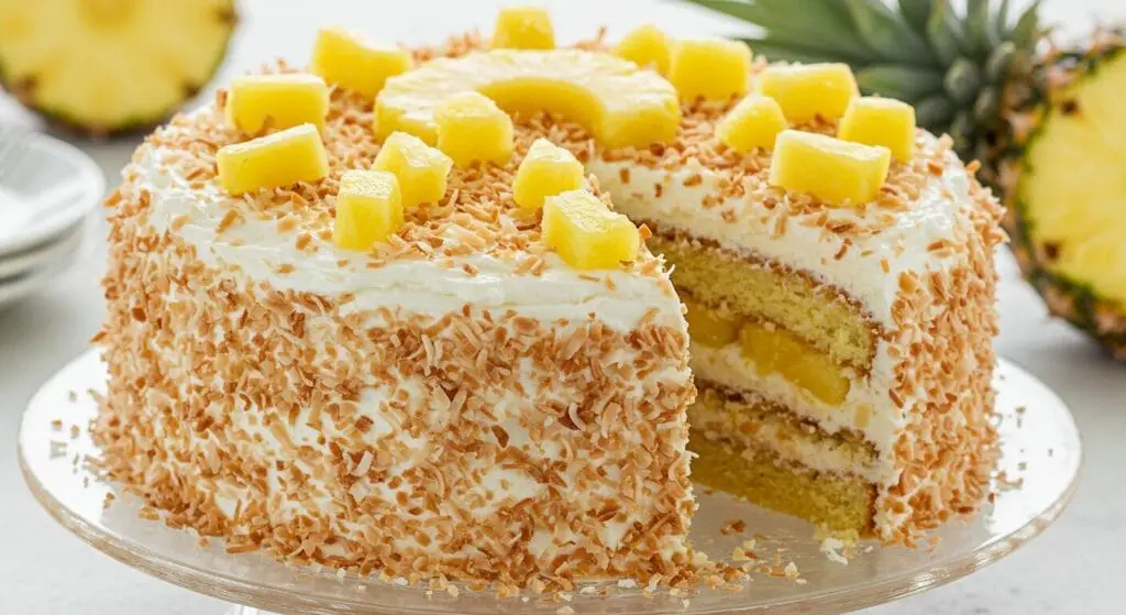 Stunning hero shot of a slice of layered Pineapple Coconut Cake, showcasing moist yellow cake layers, creamy white coconut frosting between layers and on top, garnished with pineapple chunks and toasted coconut flakes, similar to the provided image.