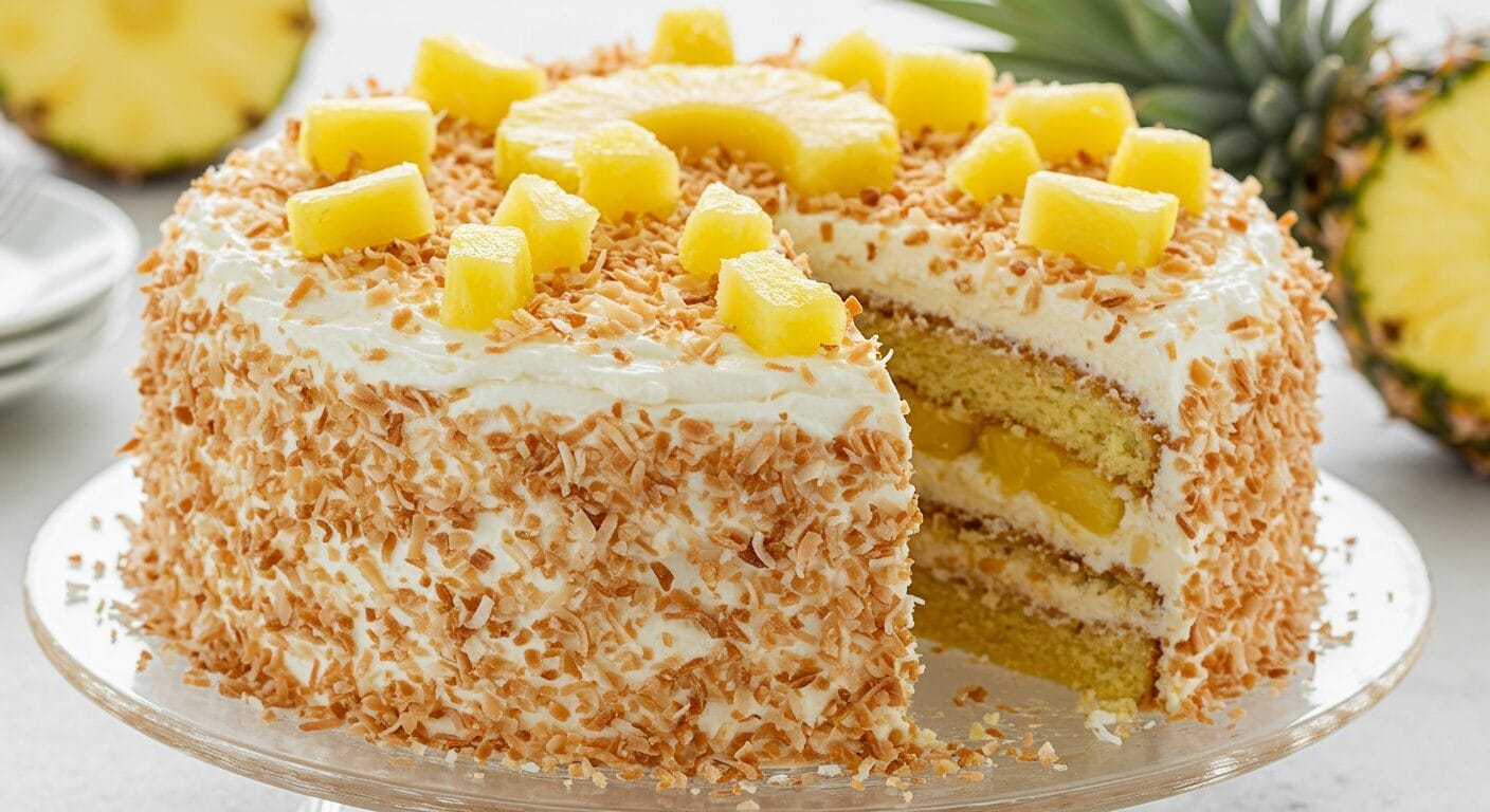 Stunning hero shot of a slice of layered Pineapple Coconut Cake, showcasing moist yellow cake layers, creamy white coconut frosting between layers and on top, garnished with pineapple chunks and toasted coconut flakes, similar to the provided image.