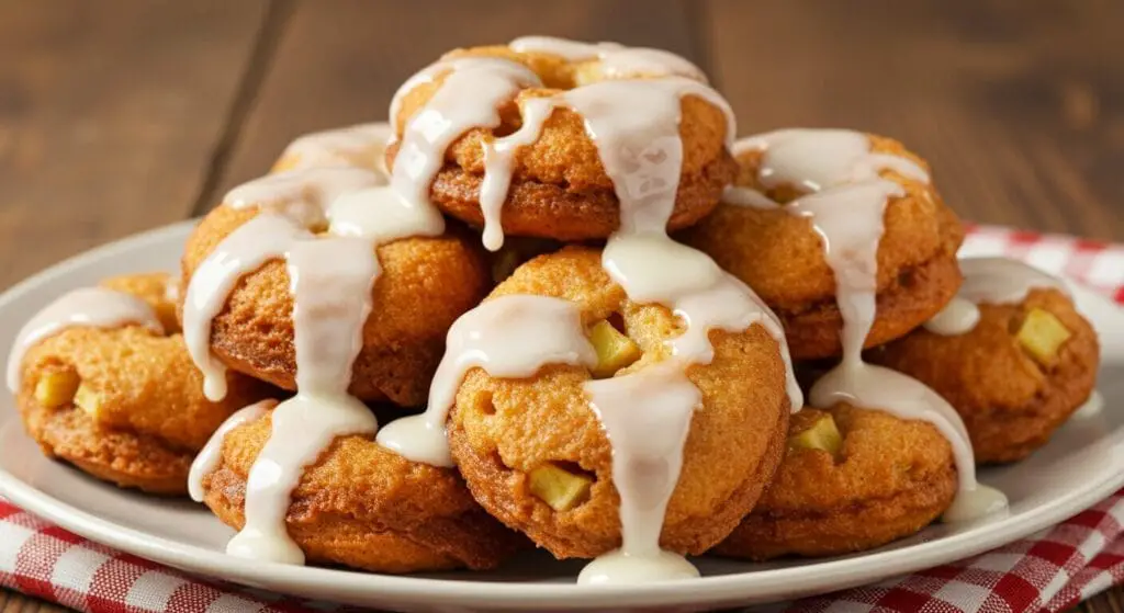 Hero shot of a plate piled with golden-brown Baked Apple Fritters recipe, generously drizzled with a white vanilla glaze, with visible chunks of apple. Similar to the provided image.