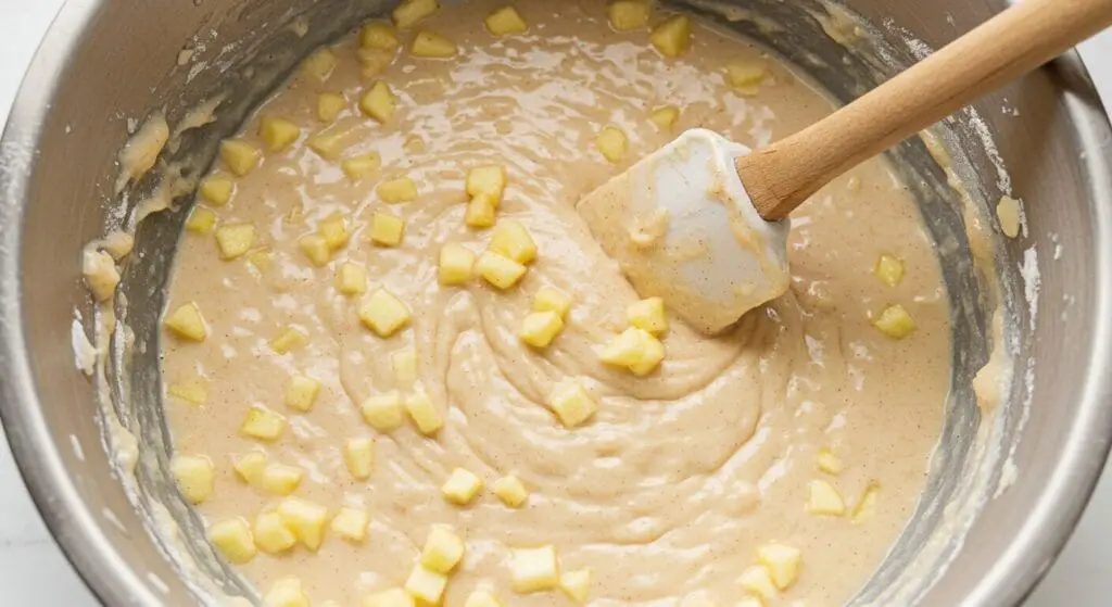 Thick apple fritter batter in a mixing bowl, with visible chunks of diced apple and cinnamon spice, ready to be scooped.