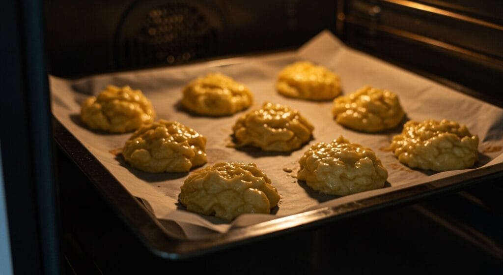 Golden brown Baked Apple Fritters on a parchment-lined baking sheet, fresh out of the oven, before glazing.