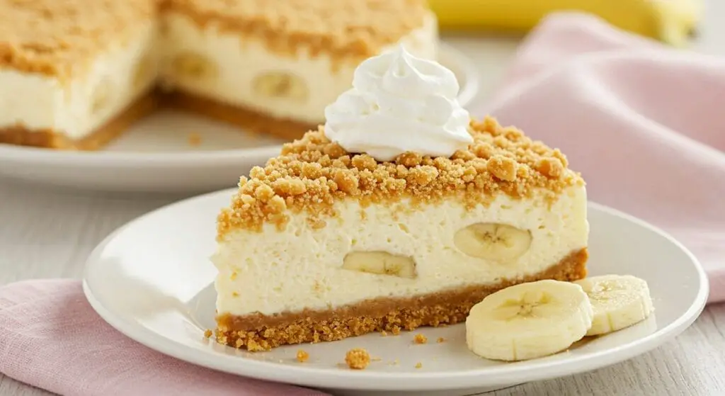 Stunning hero shot of a slice of No-Bake Banana Pudding Crunch Cheesecake on a plate, showcasing layers of vanilla wafer crust, creamy banana pudding cheesecake filling with banana slices, and a golden crunch topping, perhaps with whipped cream.