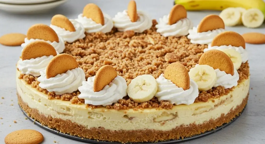 Vanilla wafer crumbs mixed with melted butter being pressed firmly into the bottom of a springform pan for the Banana Pudding Crunch Cheesecake recipe.
