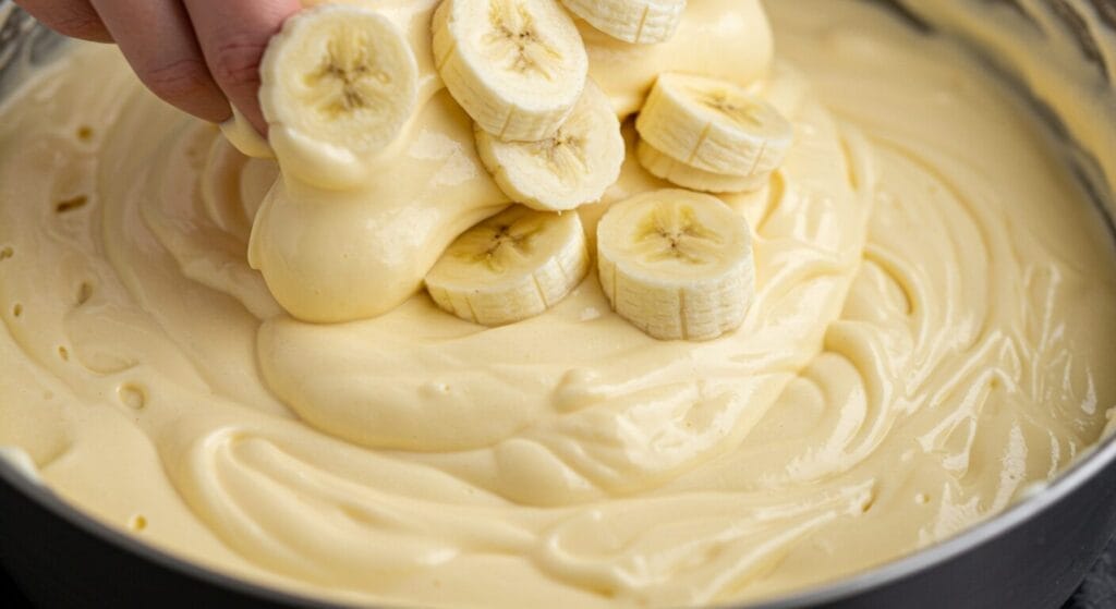 Creamy yellow banana pudding cheesecake filling in a mixing bowl, with sliced bananas being folded in, alongside a bowl of whipped cream.