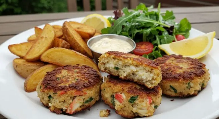 Hero shot of two perfectly golden-brown Maryland Style Crab Cakes on a plate, garnished with fresh parsley and a lemon wedge, with a side of remoulade sauce.