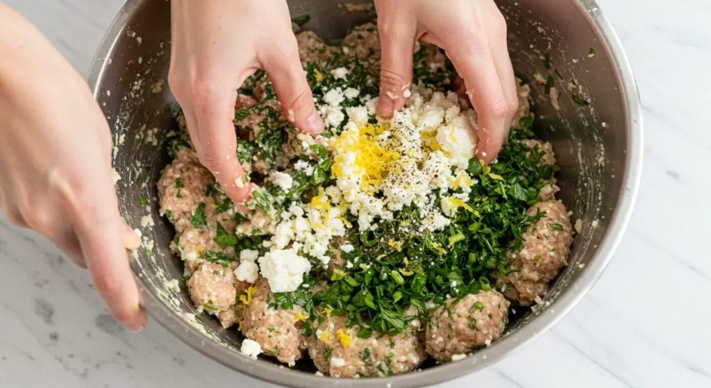 Ground chicken and fresh Greek herbs (dill, parsley, mint), feta, lemon zest, and other ingredients in a large mixing bowl before being mixed for the Greek Chicken Meatballs recipe.