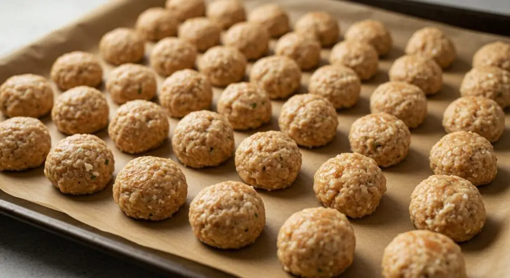 Neatly formed, raw Greek Chicken Meatballs arranged in rows on a parchment-lined baking sheet, ready for baking or pan-frying.