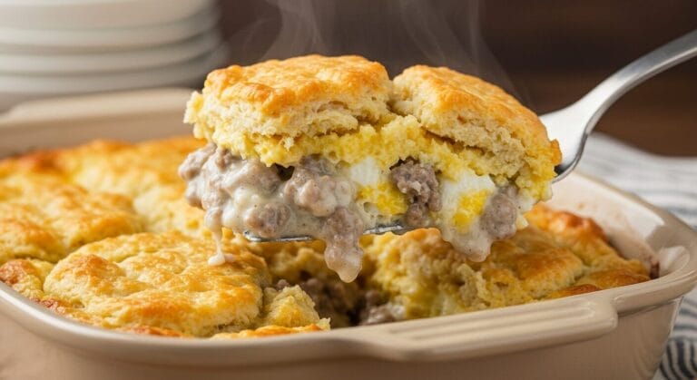 A serving spoon scooping a generous portion of the baked Sausage and Gravy Breakfast Casserole from the dish, showing layers of biscuit, gravy, and sausage.