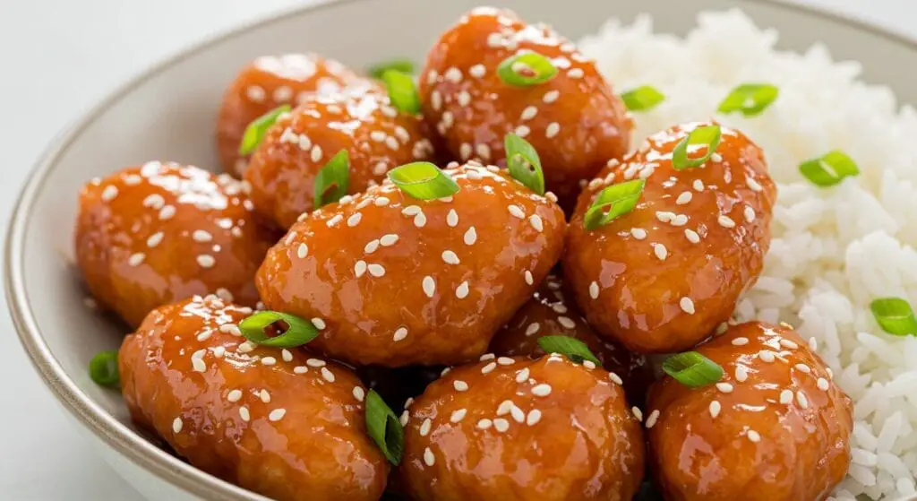 ero shot of vibrant, glossy Sweet Chili Chicken pieces in a bowl or skillet, generously coated in a reddish-orange sauce, garnished with sesame seeds and sliced green onions, perhaps with a side of white rice.