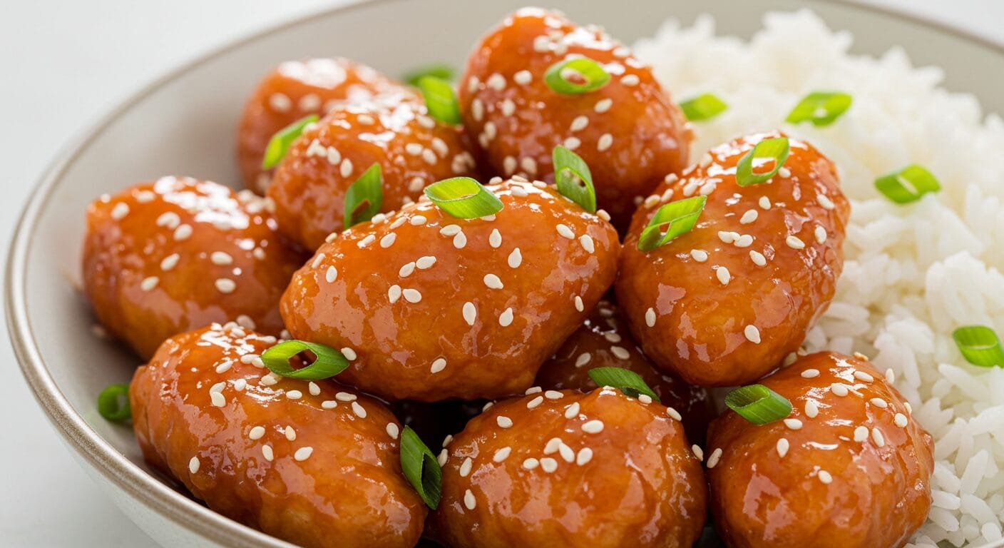 ero shot of vibrant, glossy Sweet Chili Chicken pieces in a bowl or skillet, generously coated in a reddish-orange sauce, garnished with sesame seeds and sliced green onions, perhaps with a side of white rice.