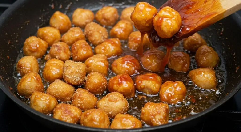 Bite-sized raw chicken pieces in a bowl, lightly coated with cornstarch and seasonings, ready for cooking the Sweet Chili Chicken recipe.