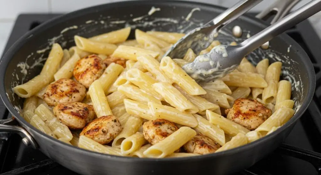 Close-up of a rich, creamy garlic butter Parmesan sauce simmering in a skillet, with flecks of parsley, for the Garlic Butter Chicken Rigatoni recipe.
