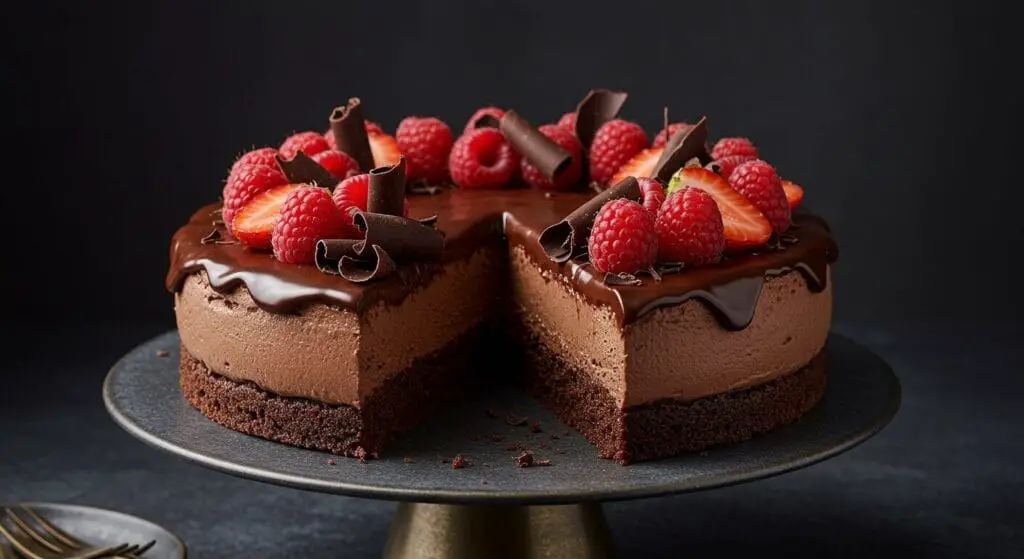 Stunning hero shot of a whole Gluten-Free Chocolate Mousse Cake, with distinct layers of dark chocolate cake, light chocolate mousse, and a glossy chocolate ganache topping, garnished with fresh berries or chocolate shavings.