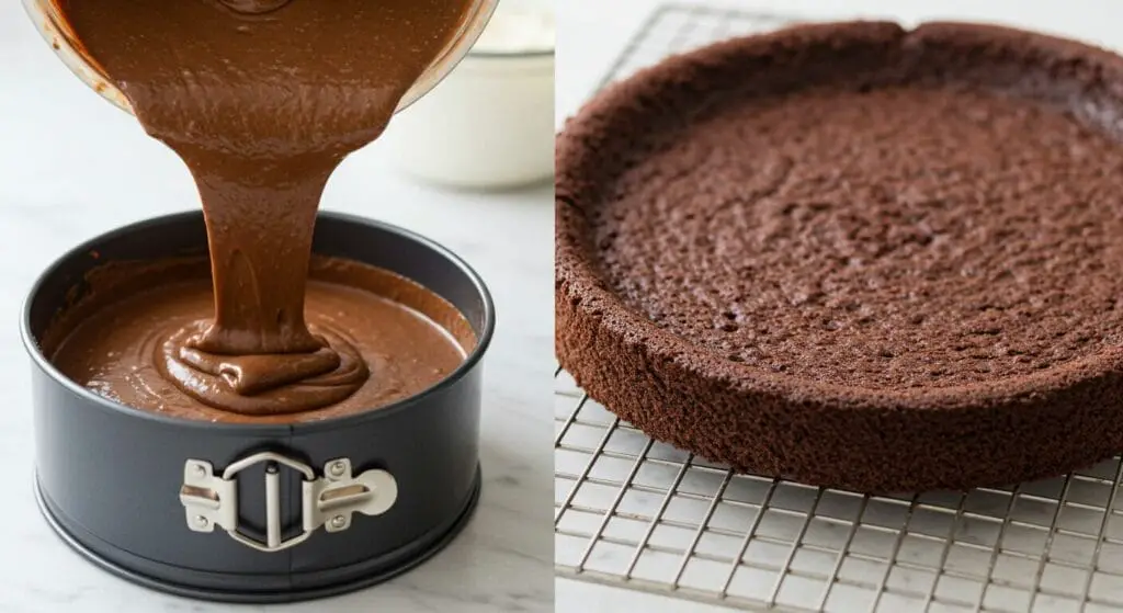 A freshly baked, rich dark gluten-free chocolate cake layer cooling on a wire rack, ready for the mousse component of the Gluten-Free Chocolate Mousse Cake recipe.