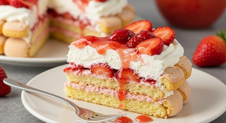 Stunning close-up slice of Strawberry Heaven Cloud Cake, showcasing distinct layers of light cake/ladyfingers, syrupy strawberries, and fluffy whipped cream, topped with fresh strawberries and a glossy strawberry syrup drizzle.