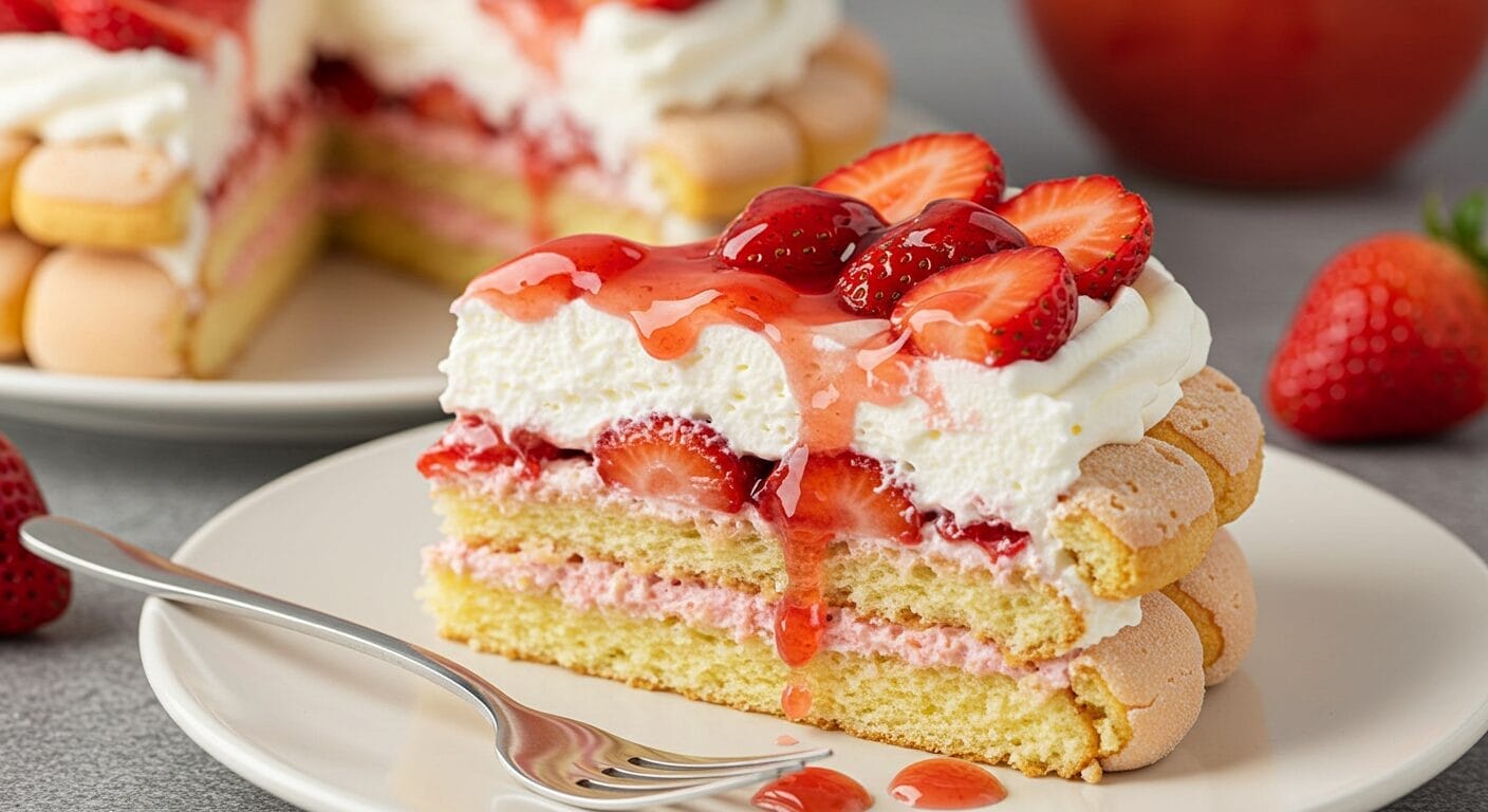 Stunning close-up slice of Strawberry Heaven Cloud Cake, showcasing distinct layers of light cake/ladyfingers, syrupy strawberries, and fluffy whipped cream, topped with fresh strawberries and a glossy strawberry syrup drizzle.