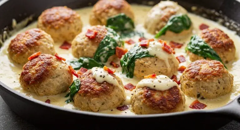 Stunning hero shot of Baked Chicken Ricotta Meatballs in a skillet, showcasing perfectly browned meatballs in a creamy white sauce with wilted spinach and crispy bacon bits, sprinkled with black pepper.