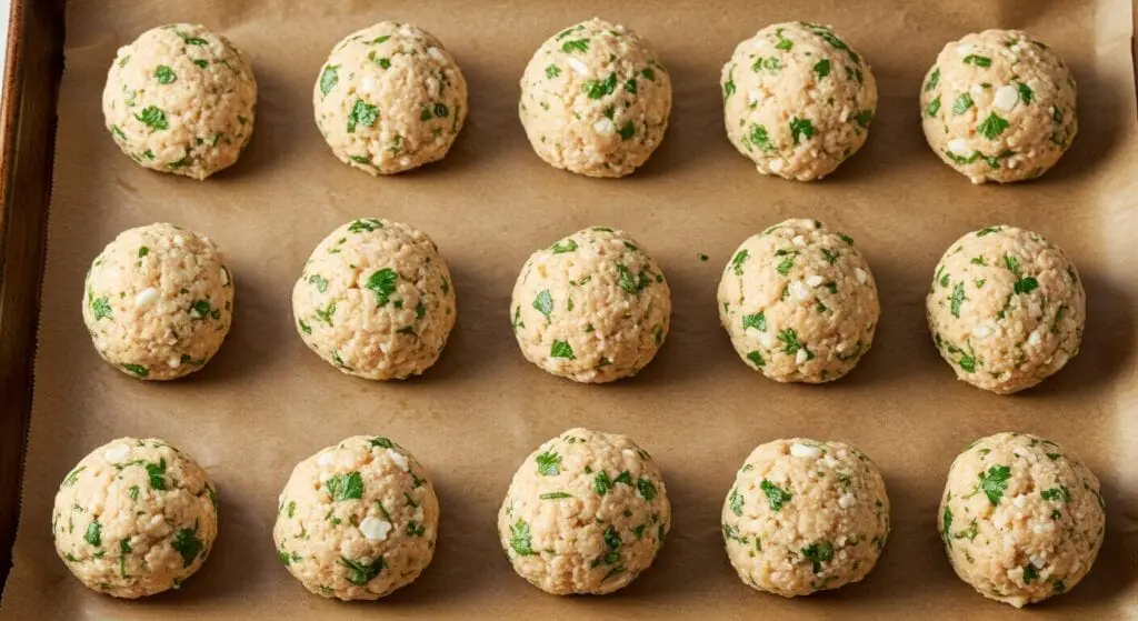 Perfectly formed, uncooked chicken ricotta meatballs arranged on a parchment-lined baking sheet, ready for the oven, highlighting the start of this Baked Chicken Ricotta Meatballs recipe.