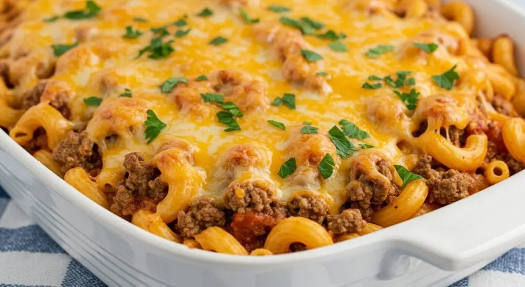 Stunning hero shot of the Easy Hamburger Casserole in a white baking dish, fresh from the oven, with golden melted cheese, visible ground beef and macaroni, garnished with fresh parsley.