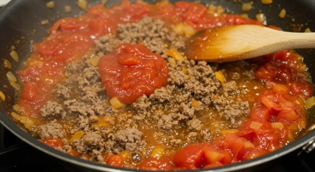 Cooked ground beef and onions simmering in a skillet with diced tomatoes and tomato sauce, creating a rich base for the Easy Hamburger Casserole recipe.