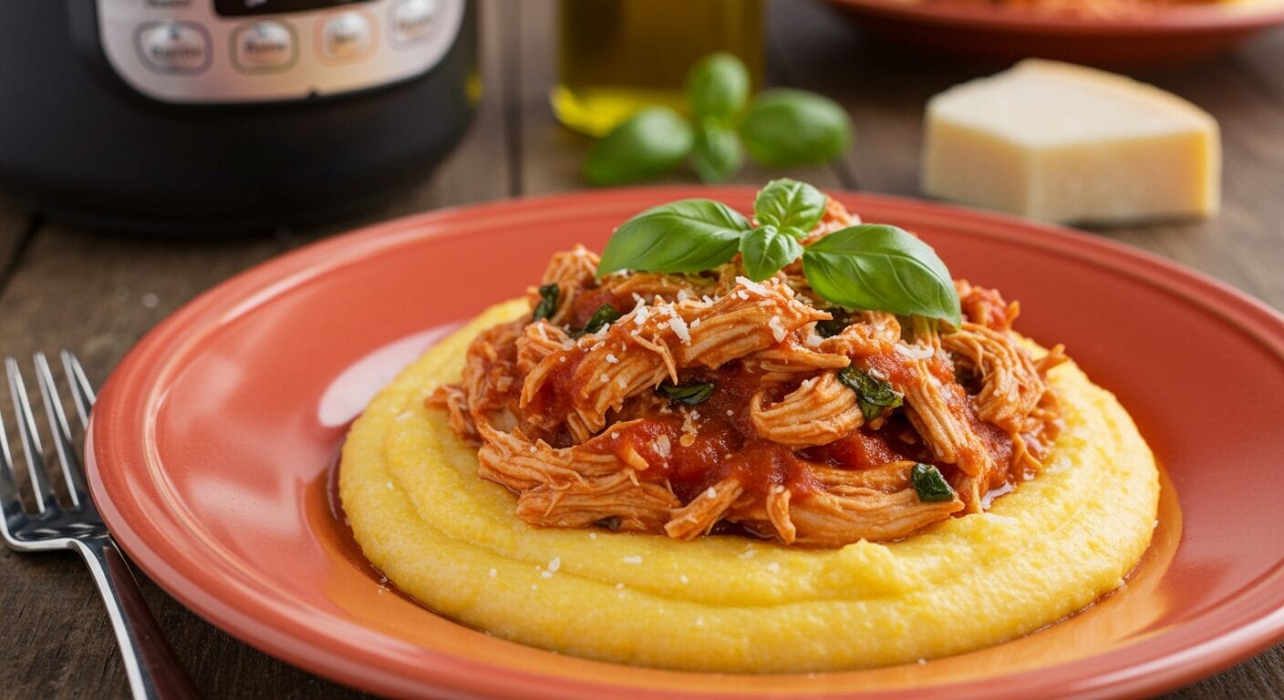 Stunning hero shot of a rustic bowl filled with creamy yellow polenta, topped generously with shredded chicken in a rich, red marinara sauce, garnished with fresh chopped parsley. A fork is resting in the bowl, as inspired by the provided image.