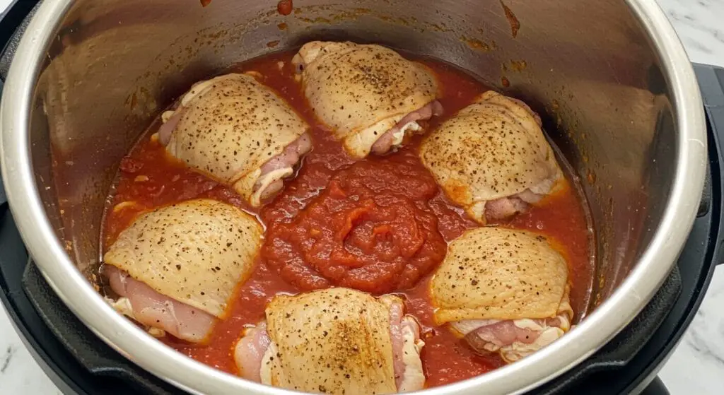 Cooked, tender chicken thighs in a rich marinara sauce inside an Instant Pot liner, ready to be shredded for the Instant Pot Chicken Marinara recipe.