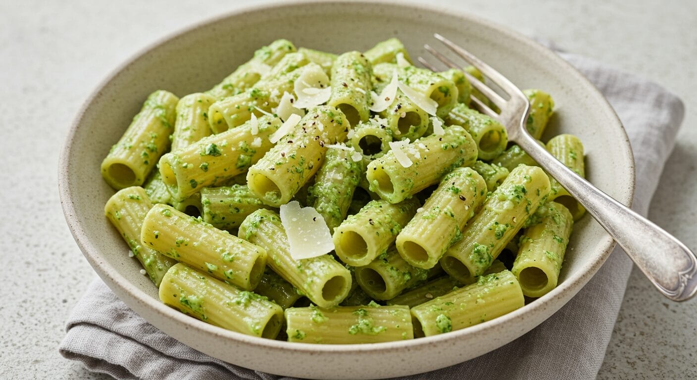 Stunning hero shot of a bowl of rigatoni pasta generously coated in a vibrant, creamy emerald green broccoli pesto sauce, garnished with shaved Parmesan cheese and freshly cracked black pepper.