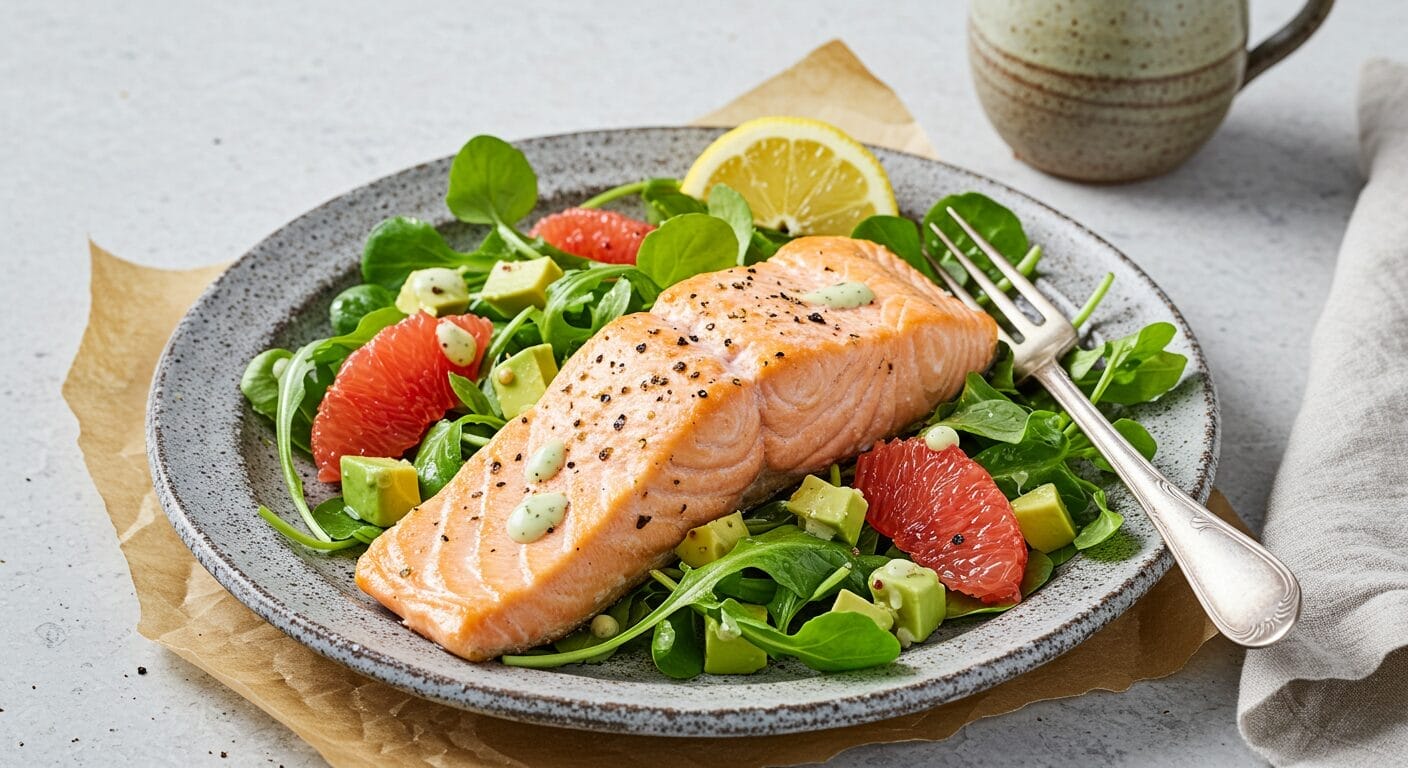 Stunning hero shot of a perfectly baked salmon fillet resting on a vibrant grapefruit and avocado salad, drizzled with a light dressing, on a stylish plate,