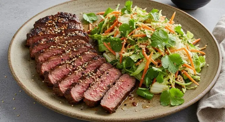 Stunning hero shot of perfectly Grilled Five Spice Flank Steak recipe Flank Steak fanned out on a platter, showcasing a juicy pink interior and dark, flavorful crust, served alongside a vibrant Asian chopped salad