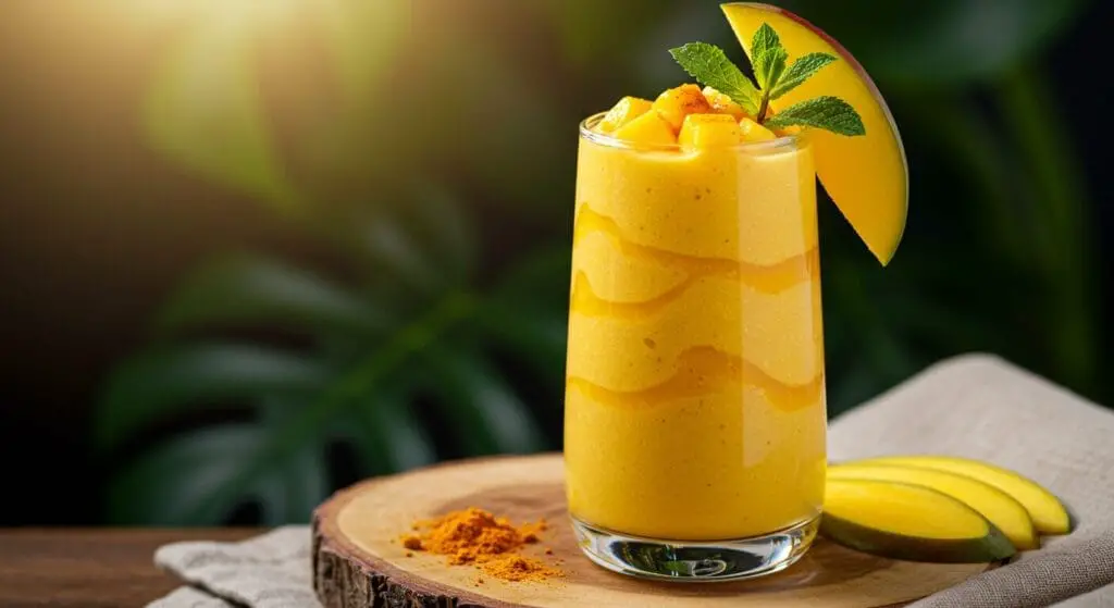 tunning hero shot of a vibrant golden-orange Turmeric-Mango Smoothie in a tall, fluted glass, garnished with fresh mango slices, a mint sprig, and a light dusting of turmeric powder on top. Soft, glowing backlight, tropical leaves blurred in the background