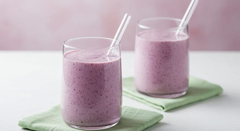 Stunning hero shot of two glasses filled with a creamy, lavender-hued Banana-Blueberry Smoothie recipe, with light pink straws, on a light, minimalist background with soft pink and green accents.