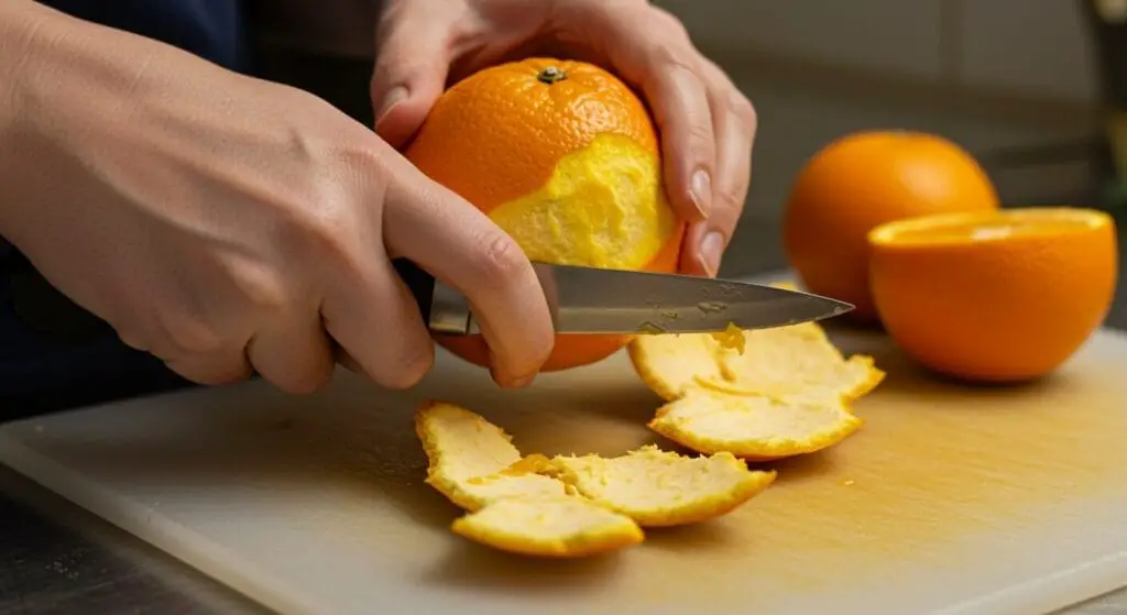 Close-up of the creamy, light orange Orange-Vanilla Shake being poured from a blender into a modern glass, showcasing its smooth and slightly frothy texture.